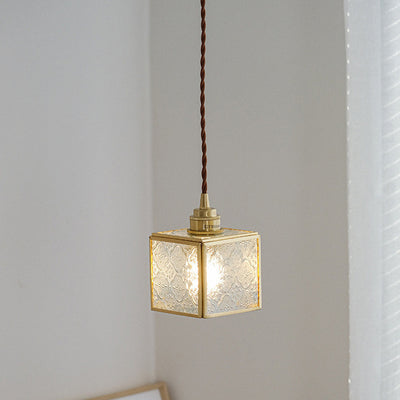Traditional Japanese Iron & Glass Brass Cube 1-Light Pendant Light For Bedroom & Living Room
