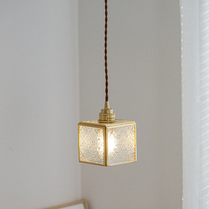 Traditional Japanese Iron & Glass Brass Cube 1-Light Pendant Light For Bedroom & Living Room