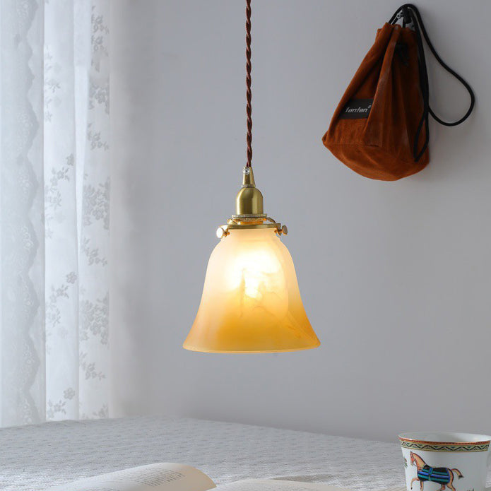 Lámpara colgante tradicional francesa de latón y vidrio floral de 1 luz para dormitorio y sala de estar 