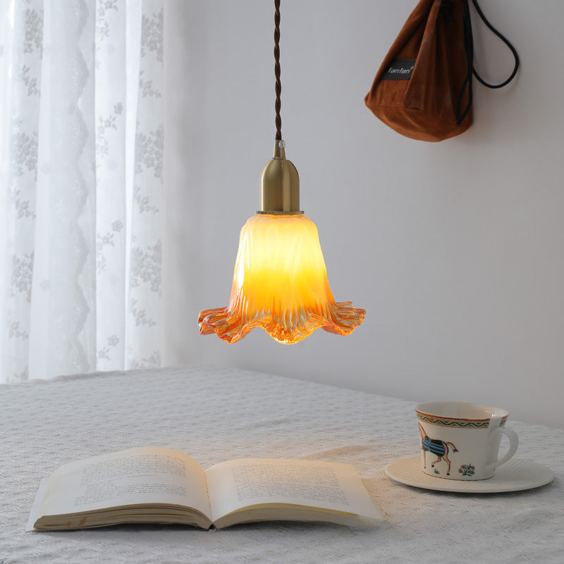 Traditional French Brass & Glass Floral 1-Light Pendant Light For Bedroom & Living Room