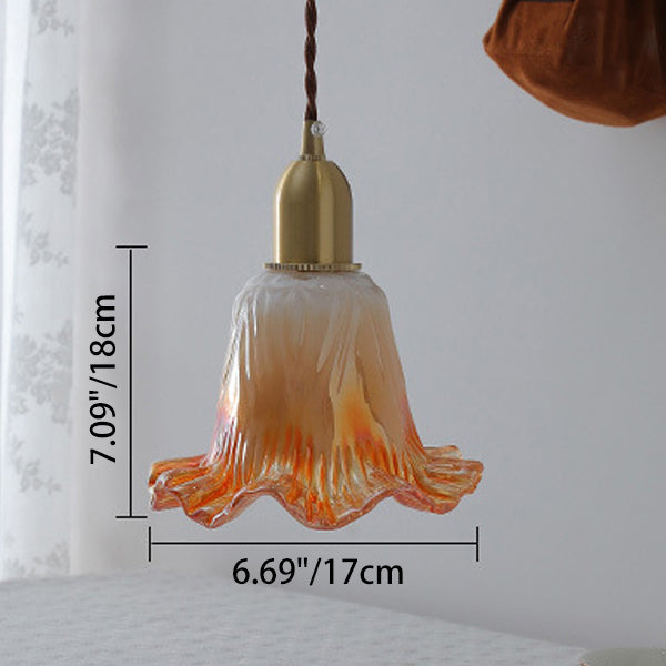Traditional French Brass & Glass Floral 1-Light Pendant Light For Bedroom & Living Room