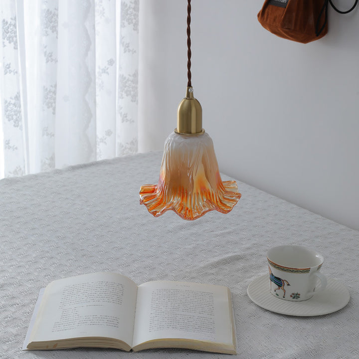 Traditional French Brass &amp; Glass Floral 1-Light Pendant Light For Bedroom &amp; Living Room