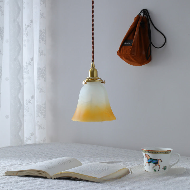 Traditional French Brass &amp; Glass Floral 1-Light Pendant Light For Bedroom &amp; Living Room