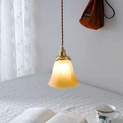 Traditional French Brass & Glass Floral 1-Light Pendant Light For Bedroom & Living Room