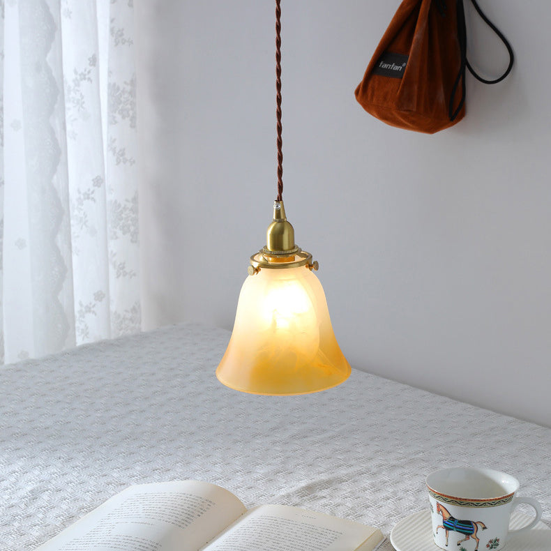 Traditional French Brass & Glass Floral 1-Light Pendant Light For Bedroom & Living Room