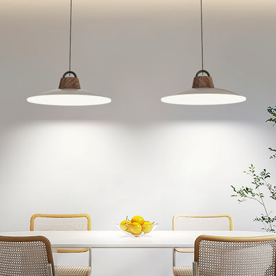 Modern Minimalist Iron, Acrylic & Wood Round Fisherman Hat LED Pendant Light For Bedroom & Living Room