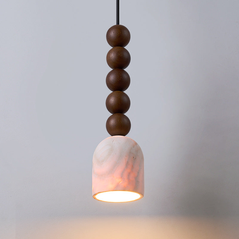 Lustre suspension cylindrique moderne en travertin et bois massif à multiples sphères de style mi-siècle moderne 1-lumière pour chambre et salon 