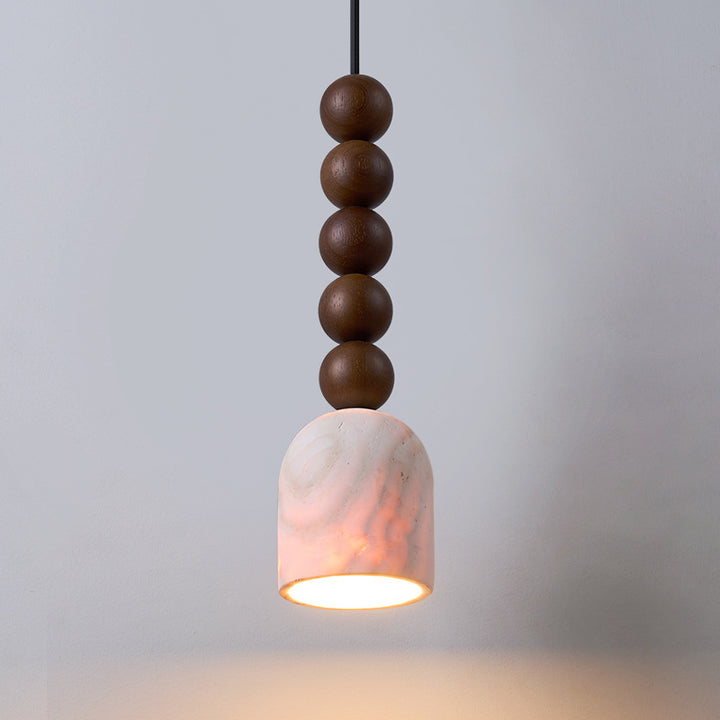 Lustre suspension cylindrique moderne en travertin et bois massif à multiples sphères de style mi-siècle moderne 1-lumière pour chambre et salon 