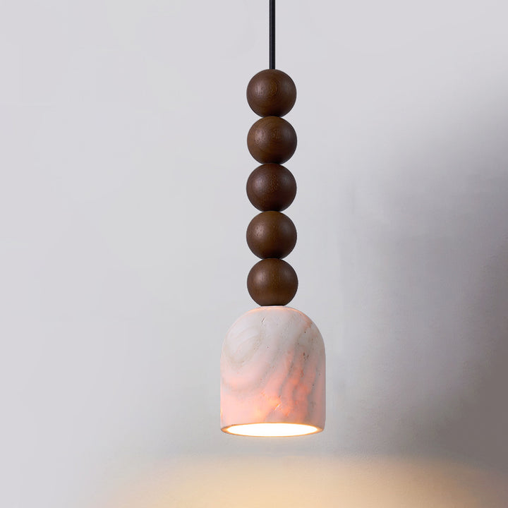 Lustre suspension cylindrique moderne en travertin et bois massif à multiples sphères de style mi-siècle moderne 1-lumière pour chambre et salon 