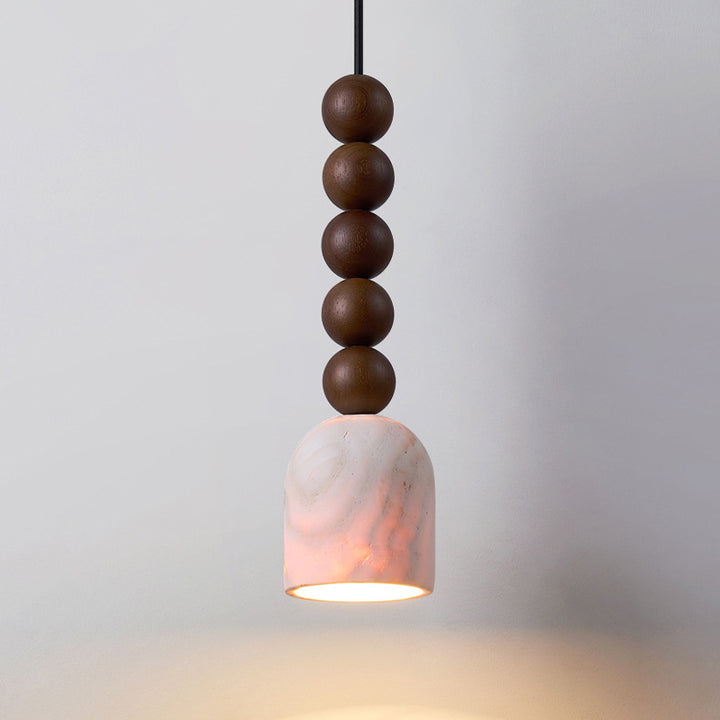 Lustre suspension cylindrique moderne en travertin et bois massif à multiples sphères de style mi-siècle moderne 1-lumière pour chambre et salon 