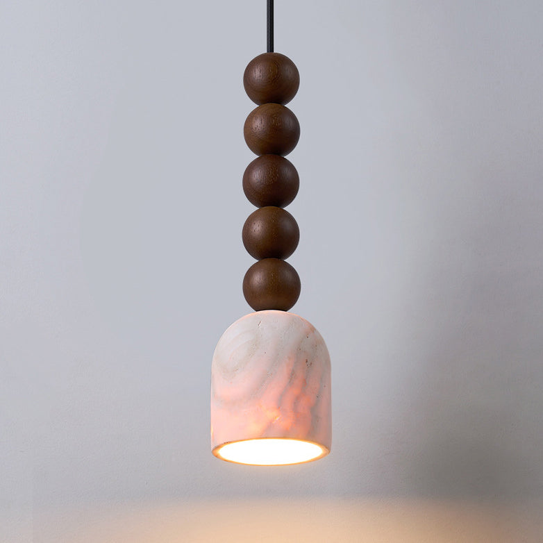 Lustre suspension cylindrique moderne en travertin et bois massif à multiples sphères de style mi-siècle moderne 1-lumière pour chambre et salon 