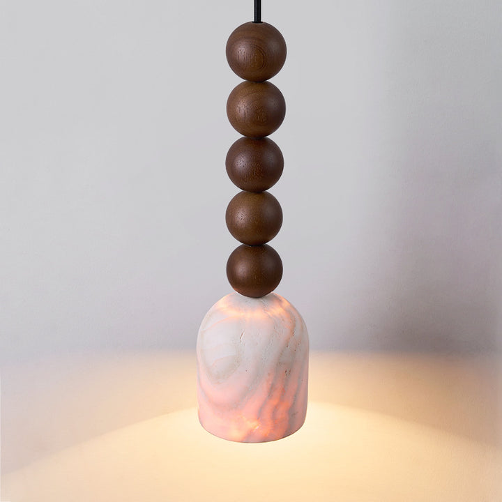 Lustre suspension cylindrique moderne en travertin et bois massif à multiples sphères de style mi-siècle moderne 1-lumière pour chambre et salon 