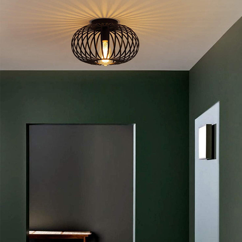 Modern Minimalist Iron Oval Lantern 1-Light Semi-Flush Mount Ceiling Light For Bedroom & Living Room