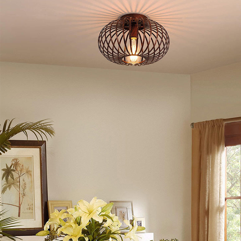 Modern Minimalist Iron Oval Lantern 1-Light Semi-Flush Mount Ceiling Light For Bedroom & Living Room