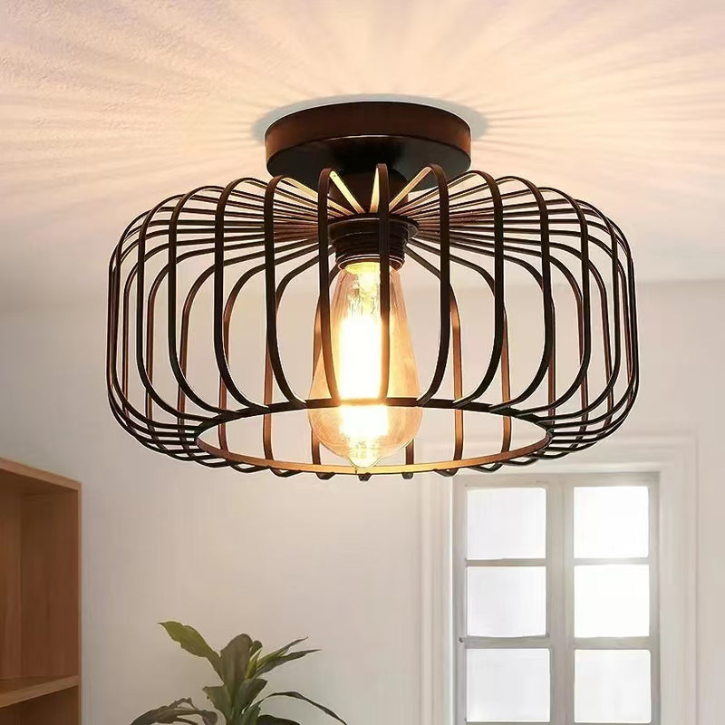 Modern Minimalist Iron Wireframe Round 1-Light Semi-Flush Mount Ceiling Light For Bedroom & Living Room