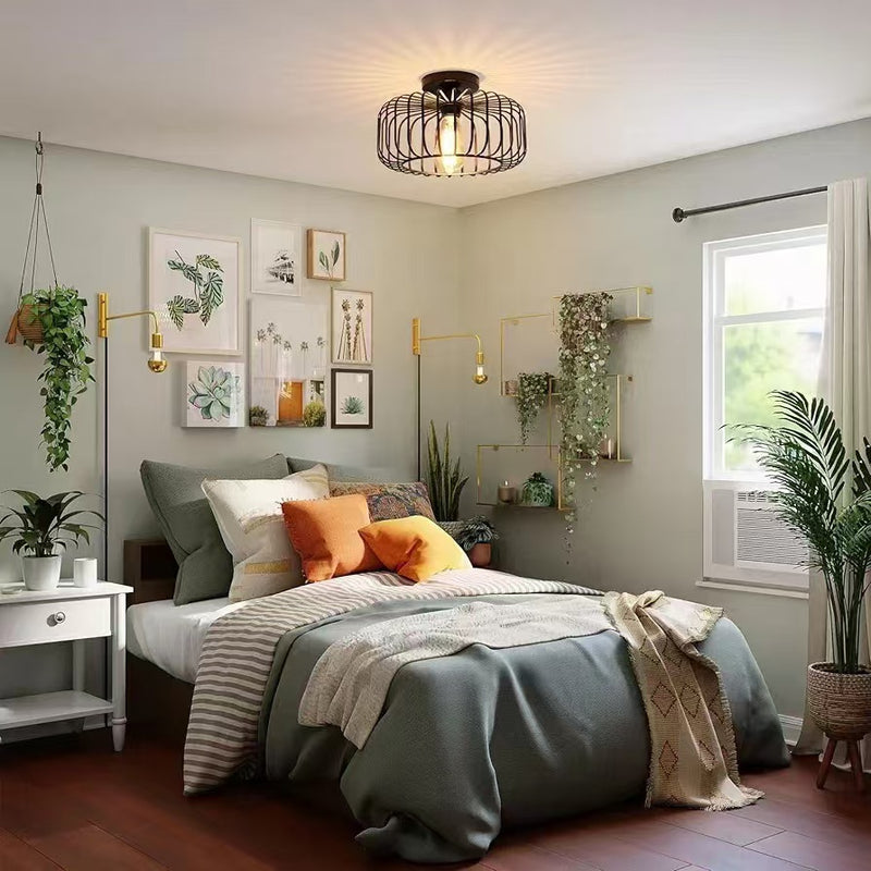 Modern Minimalist Iron Wireframe Round 1-Light Semi-Flush Mount Ceiling Light For Bedroom & Living Room