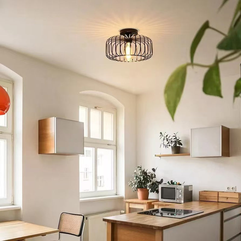 Modern Minimalist Iron Wireframe Round 1-Light Semi-Flush Mount Ceiling Light For Bedroom & Living Room