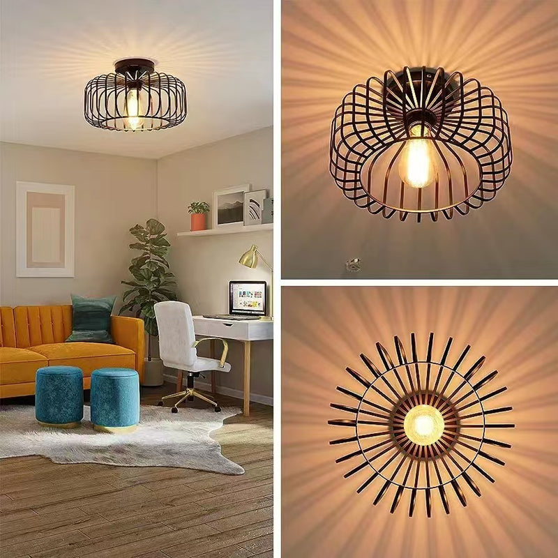 Modern Minimalist Iron Wireframe Round 1-Light Semi-Flush Mount Ceiling Light For Bedroom & Living Room