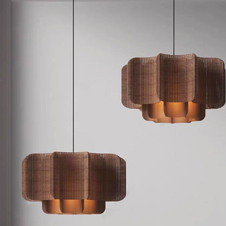 Traditional Chinese Rattan, Iron & Fabric Round & Rectangular 1-Light Pendant Light For Dining Room & Living Room