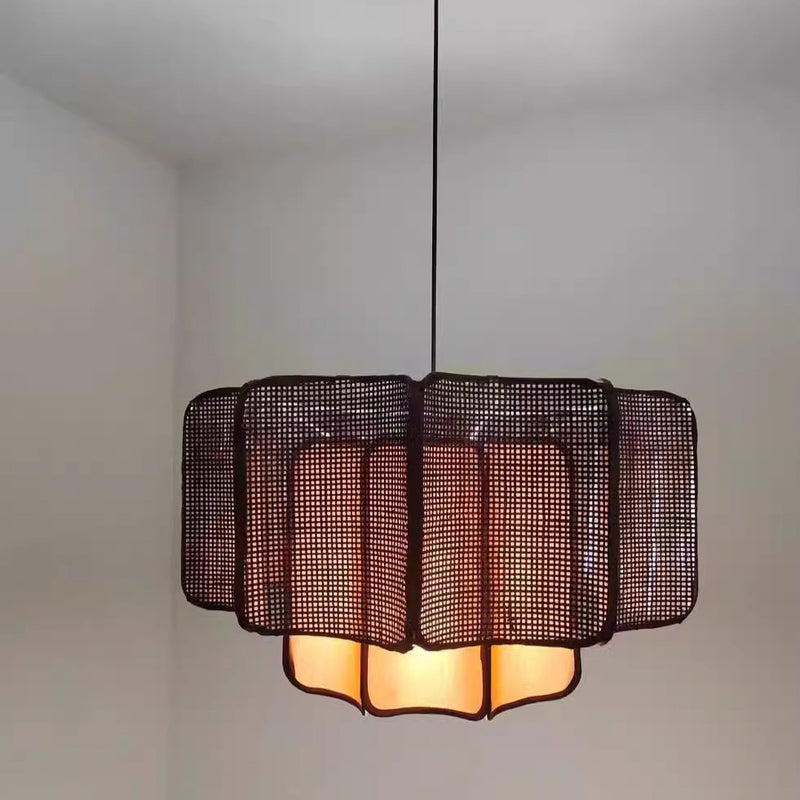 Traditional Chinese Rattan, Iron & Fabric Round & Rectangular 1-Light Pendant Light For Dining Room & Living Room