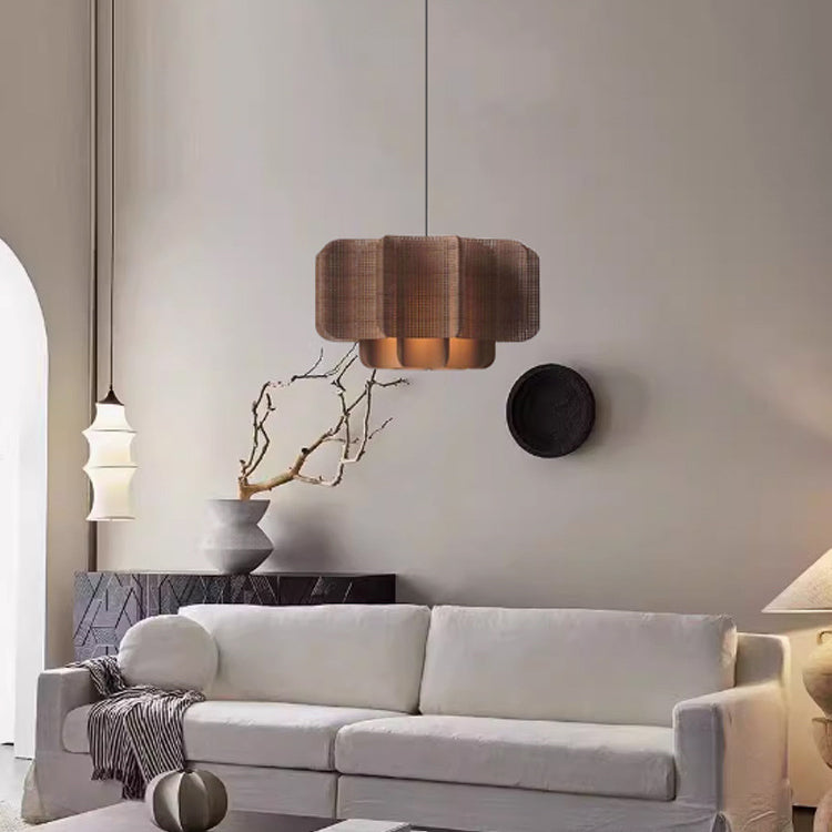 Traditional Chinese Rattan, Iron & Fabric Round & Rectangular 1-Light Pendant Light For Dining Room & Living Room