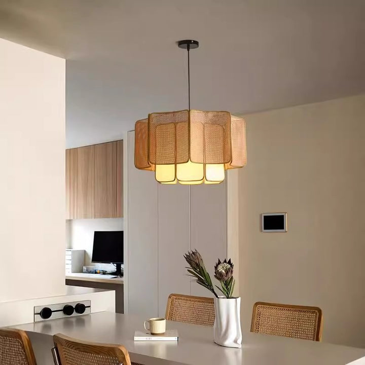 Traditional Chinese Plastic Rattan Iron Fabric Round &amp; Rectangular 1-Light Pendant Light For Dining Room &amp; Living Room