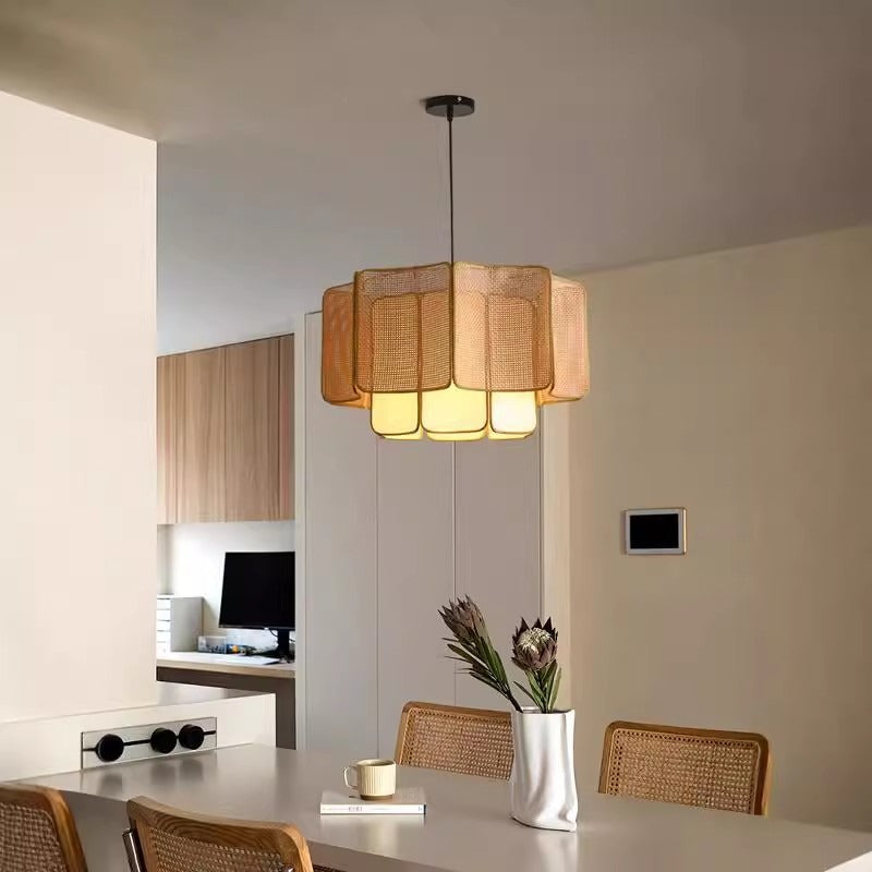 Traditional Chinese Rattan, Iron & Fabric Round & Rectangular 1-Light Pendant Light For Dining Room & Living Room