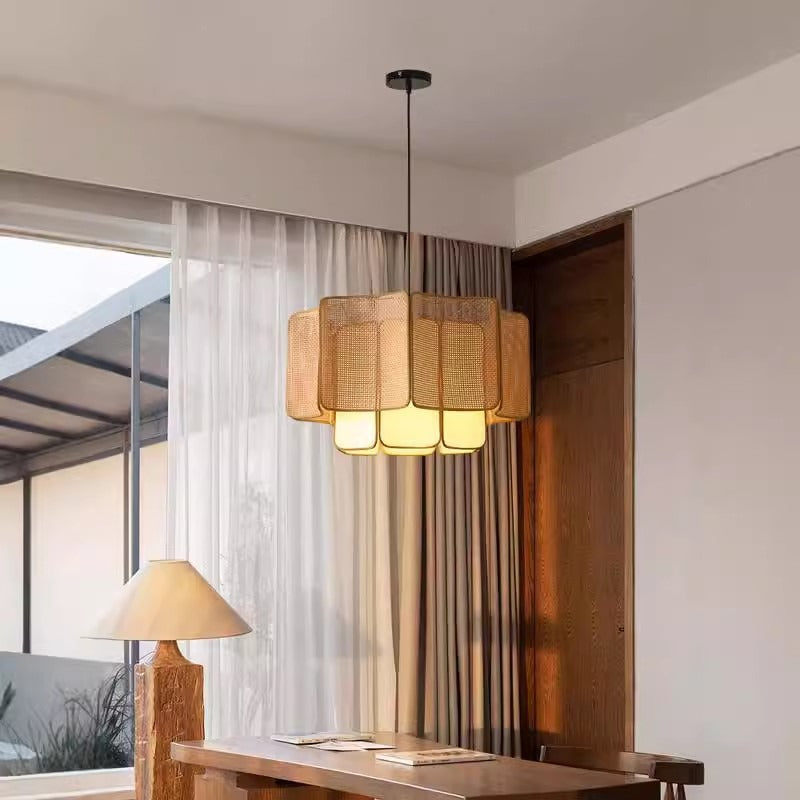 Traditional Chinese Rattan, Iron & Fabric Round & Rectangular 1-Light Pendant Light For Dining Room & Living Room