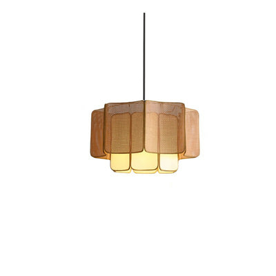 Traditional Chinese Rattan, Iron & Fabric Round & Rectangular 1-Light Pendant Light For Dining Room & Living Room