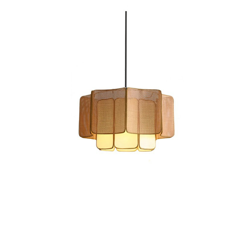 Traditional Chinese Rattan, Iron & Fabric Round & Rectangular 1-Light Pendant Light For Dining Room & Living Room