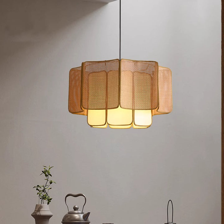 Traditionelle chinesische Rattan-, Eisen- & Stoff-Pendelleuchte mit einem Licht, rund & rechteckig, für Esszimmer & Wohnzimmer 