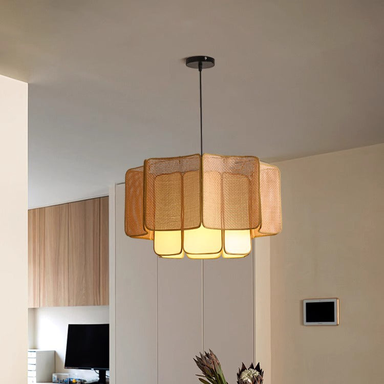Traditional Chinese Rattan, Iron & Fabric Round & Rectangular 1-Light Pendant Light For Dining Room & Living Room