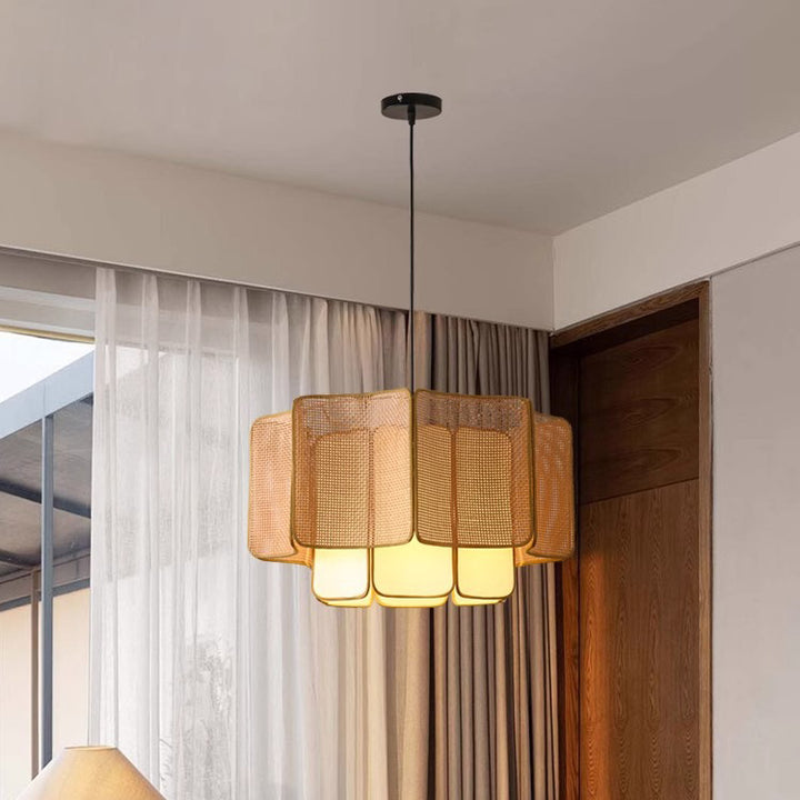 Traditional Chinese Plastic Rattan Iron Fabric Round &amp; Rectangular 1-Light Pendant Light For Dining Room &amp; Living Room