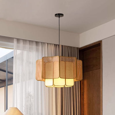 Traditional Chinese Rattan, Iron & Fabric Round & Rectangular 1-Light Pendant Light For Dining Room & Living Room