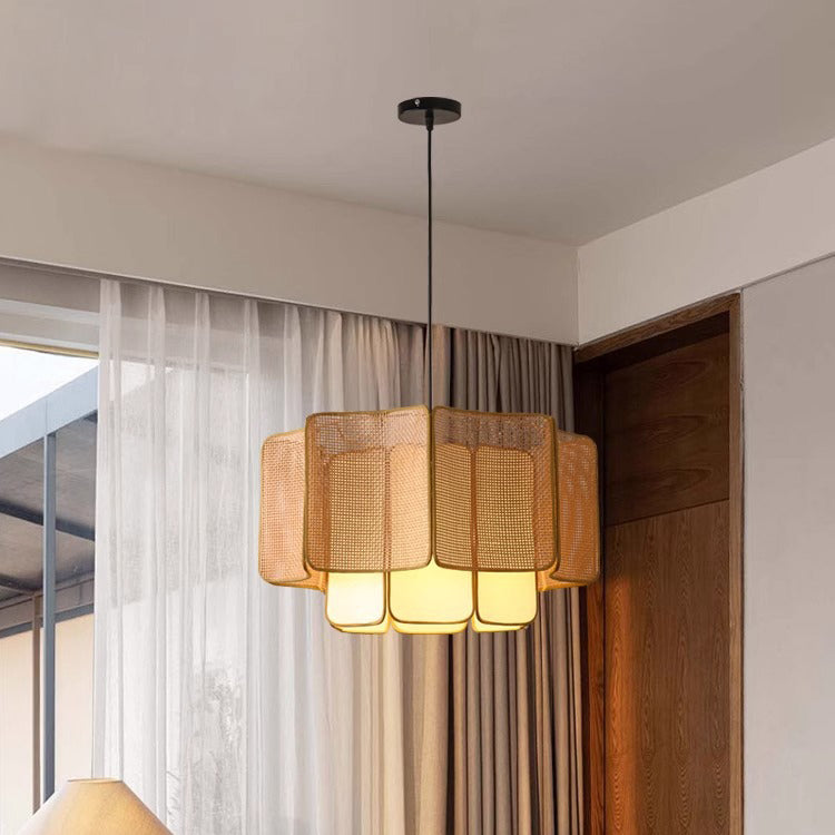 Traditional Chinese Rattan, Iron & Fabric Round & Rectangular 1-Light Pendant Light For Dining Room & Living Room