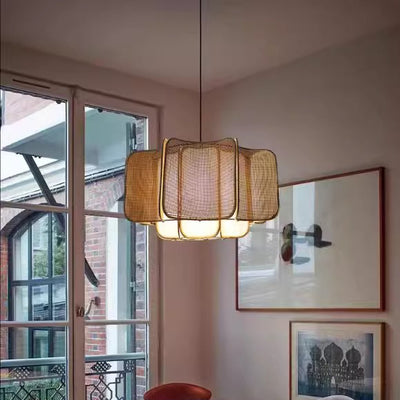 Traditional Chinese Rattan, Iron & Fabric Round & Rectangular 1-Light Pendant Light For Dining Room & Living Room