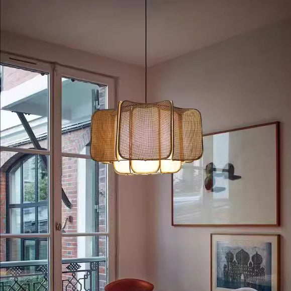 Traditional Chinese Rattan, Iron & Fabric Round & Rectangular 1-Light Pendant Light For Dining Room & Living Room