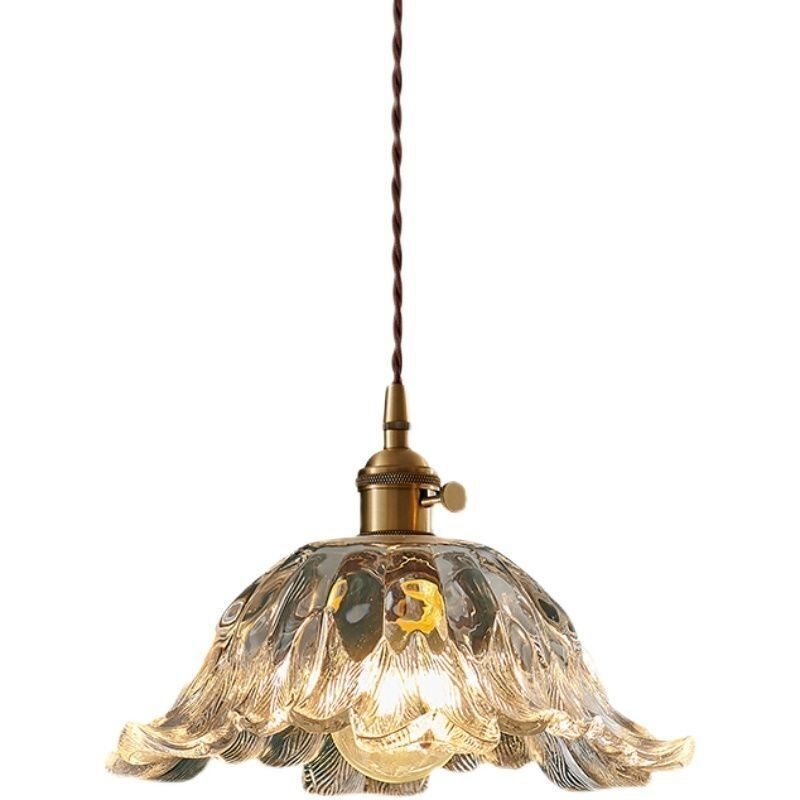 Lámpara colgante de 1 luz con forma de flor de vidrio y madera vintage tradicional para dormitorio y sala de estar 