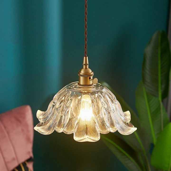 Lámpara colgante de 1 luz con forma de flor de vidrio y madera vintage tradicional para dormitorio y sala de estar 