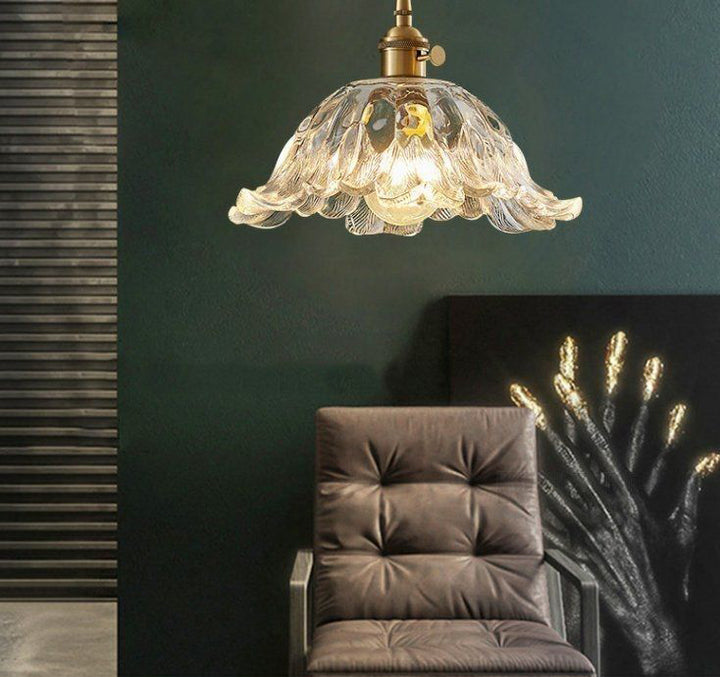 Lámpara colgante de 1 luz con forma de flor de vidrio y madera vintage tradicional para dormitorio y sala de estar 