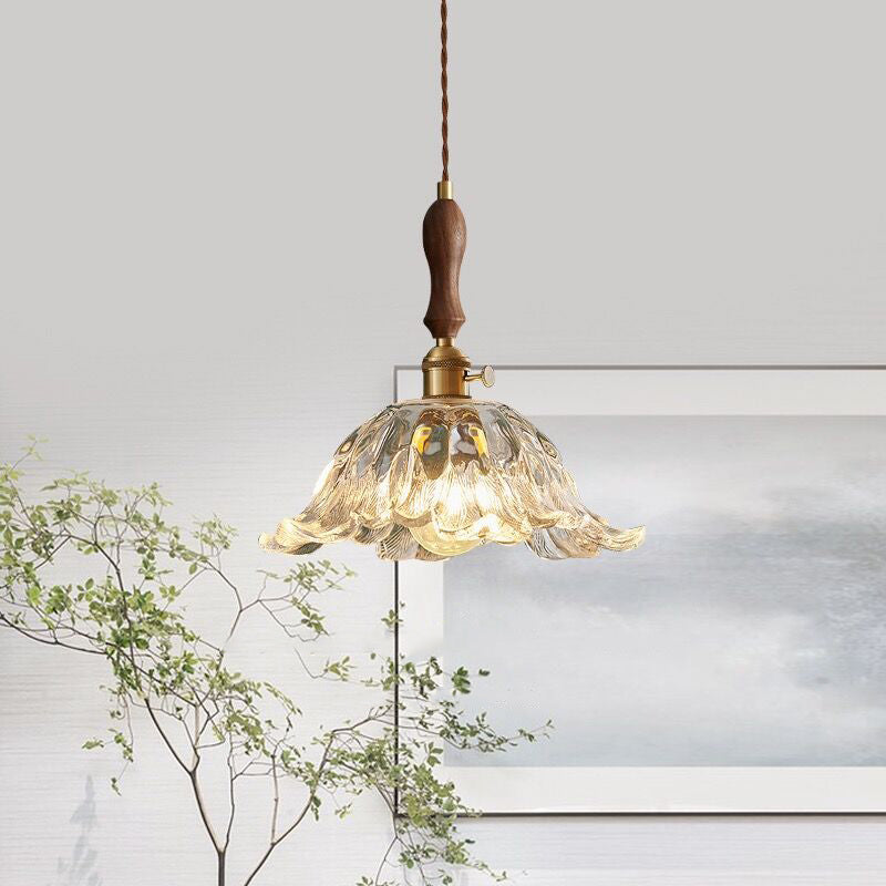 Lámpara colgante de 1 luz con forma de flor de vidrio y madera vintage tradicional para dormitorio y sala de estar 