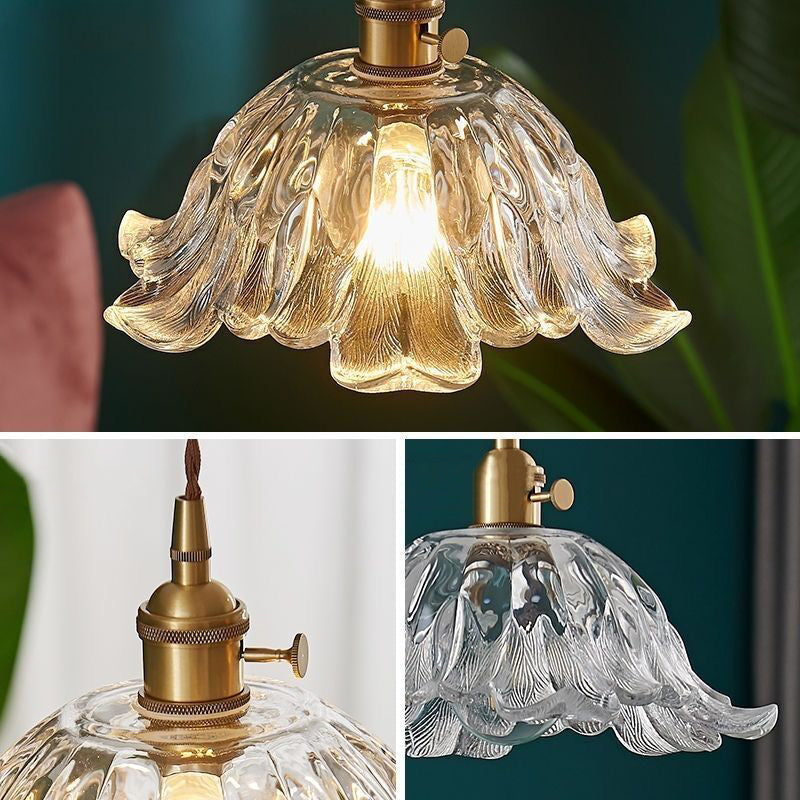 Lámpara colgante de 1 luz con forma de flor de vidrio y madera vintage tradicional para dormitorio y sala de estar 