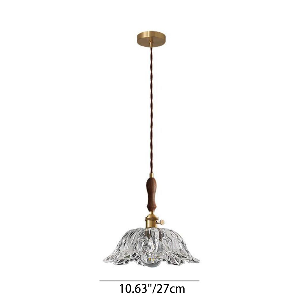 Lámpara colgante de 1 luz con forma de flor de vidrio y madera vintage tradicional para dormitorio y sala de estar 