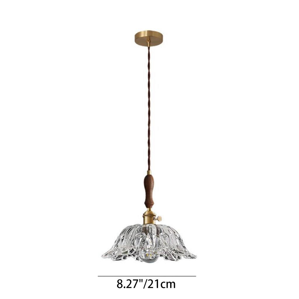 Lámpara colgante de 1 luz con forma de flor de vidrio y madera vintage tradicional para dormitorio y sala de estar 