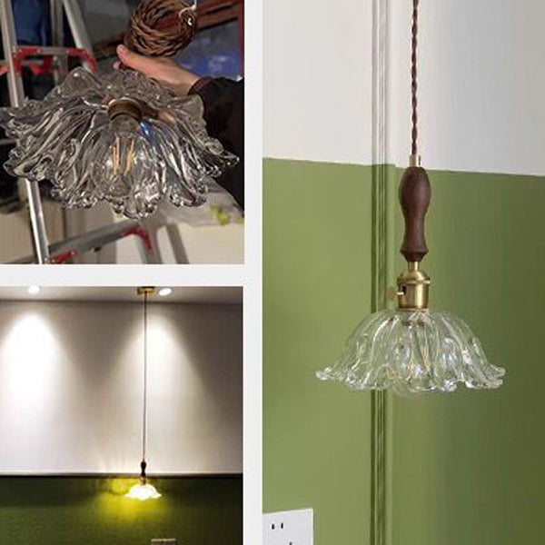 Lámpara colgante de 1 luz con forma de flor de vidrio y madera vintage tradicional para dormitorio y sala de estar 