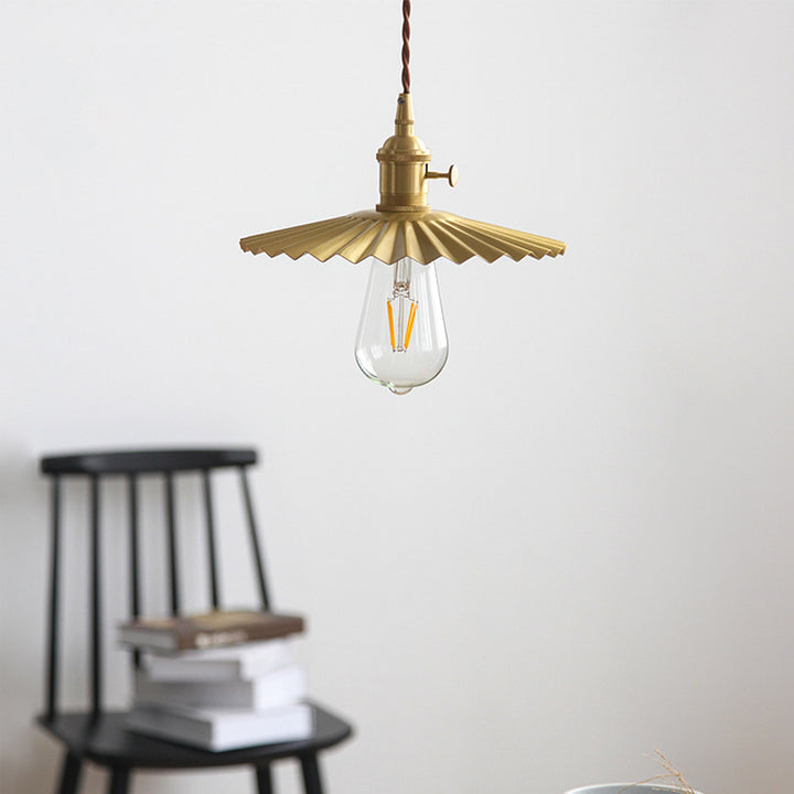 Traditional Vintage Brass Pleated Round 1-Light Pendant Light For Bedroom &amp; Living Room