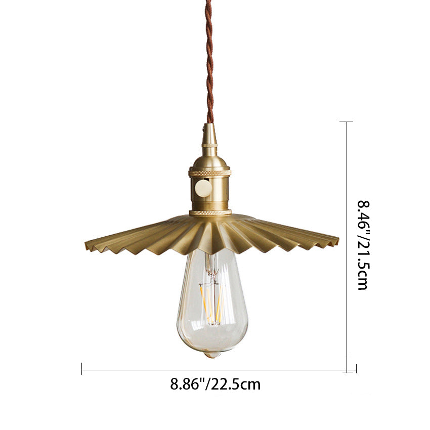 Traditional Vintage Brass Pleated Round 1-Light Pendant Light For Bedroom &amp; Living Room