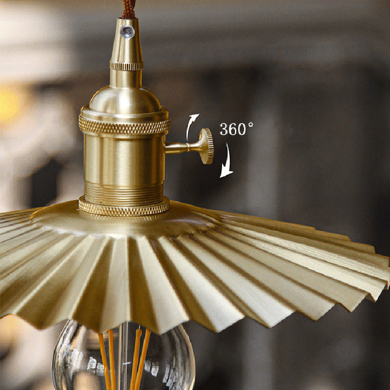 Traditional Vintage Brass Pleated Round 1-Light Pendant Light For Bedroom &amp; Living Room
