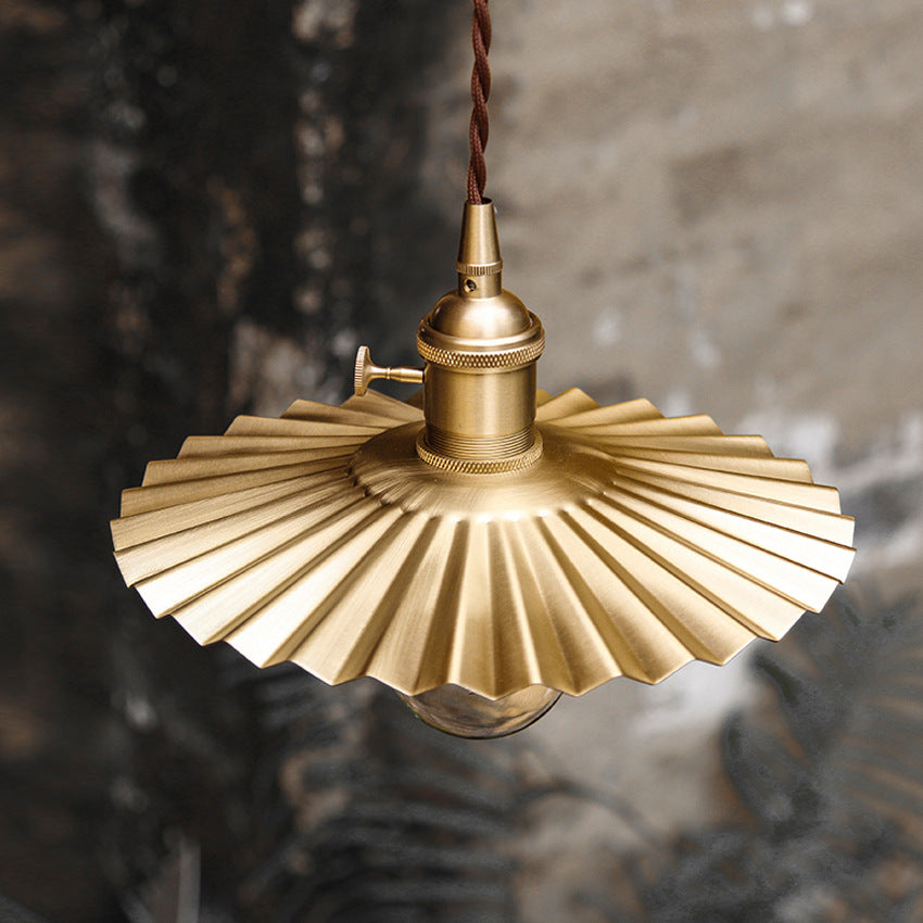 Traditional Vintage Brass Pleated Round 1-Light Pendant Light For Bedroom &amp; Living Room