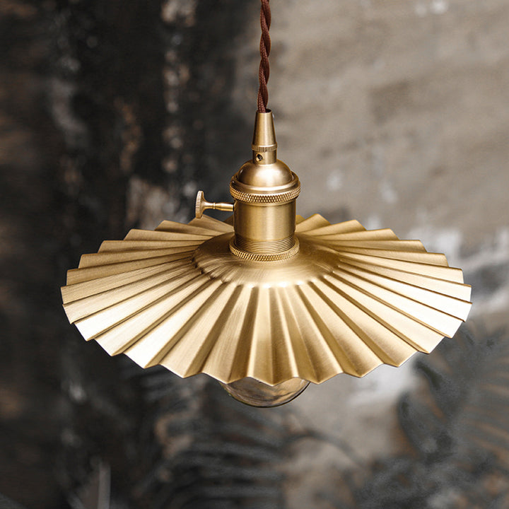 Traditional Vintage Brass Pleated Round 1-Light Pendant Light For Bedroom &amp; Living Room